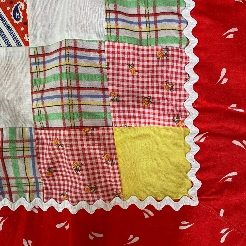 Vtg Handmade Patchwork Quilt Topper Red Ric-Rac Trim Farmhouse Decor No Stuffing
